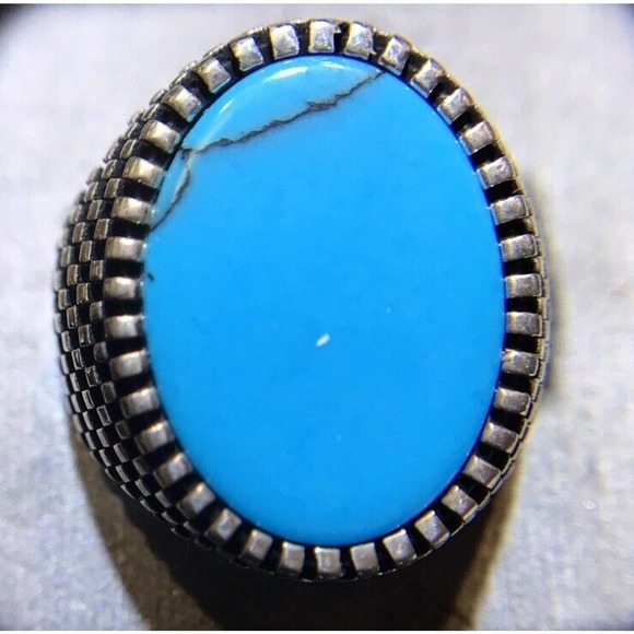 Turquoise Ring Sz12 Large Oval Smooth Stone Silver 925 - Picture 1 of 6